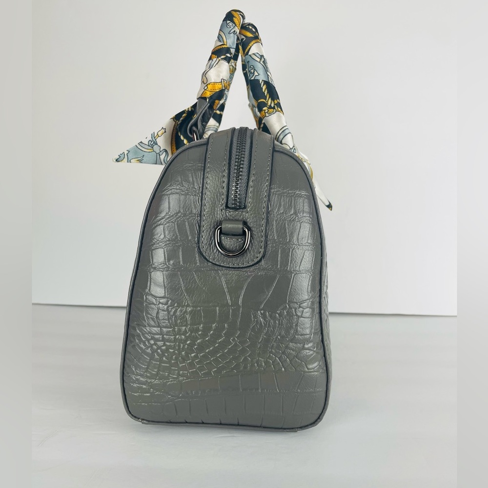 Genuine Leather Gray Crocodile Crossbody Shoulder Strap Bag With Scarf Detail - Picture 5 of 12